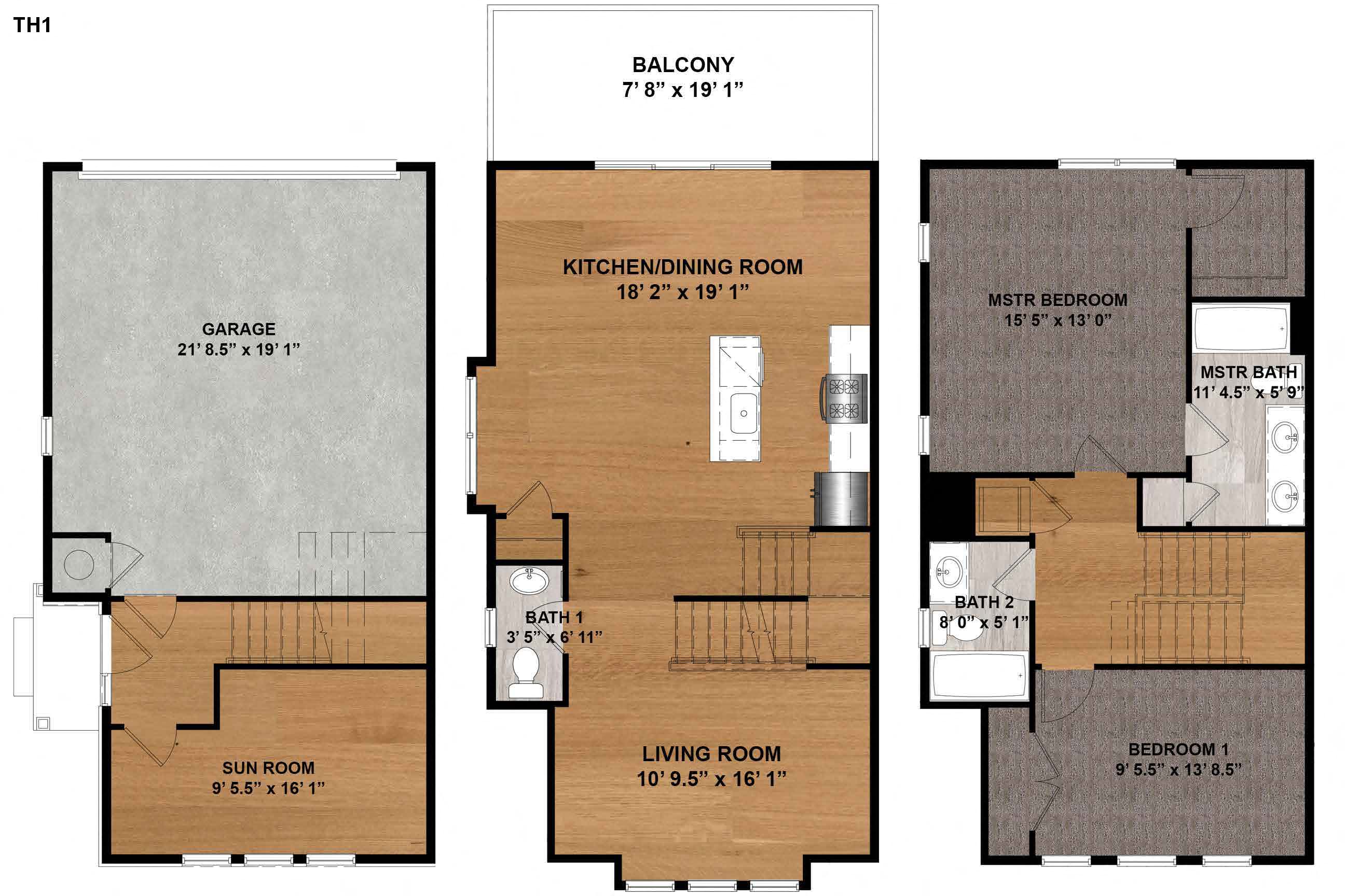 Floor plan for 2 beds, 2.5 baths, 1583 sqft